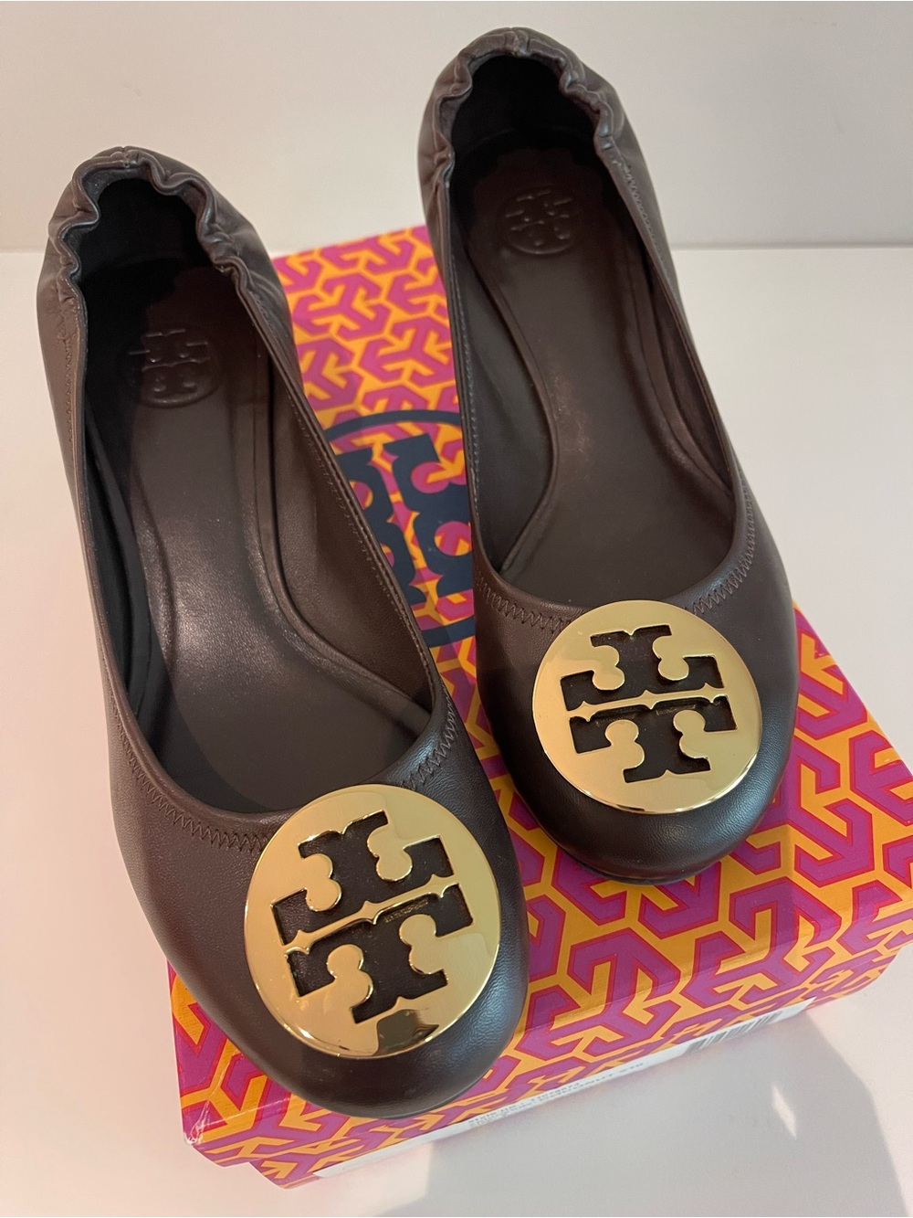 Tory Burch Brown Leather Logo Ballet Flats with Gold Emblem